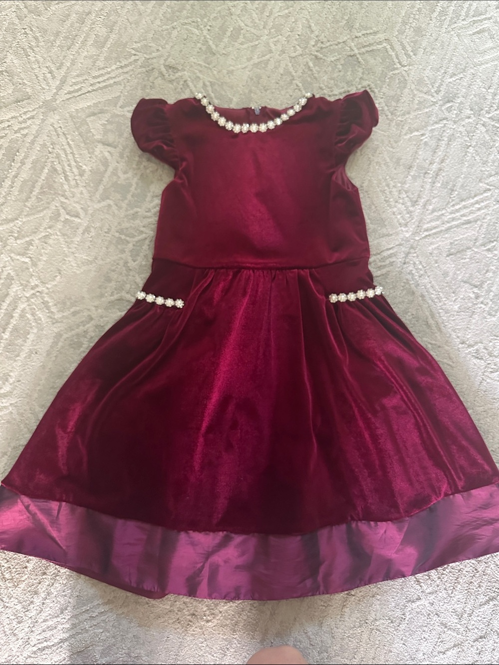Rare Editions Burgundy Velvet Holiday Dress with Pearl Accents